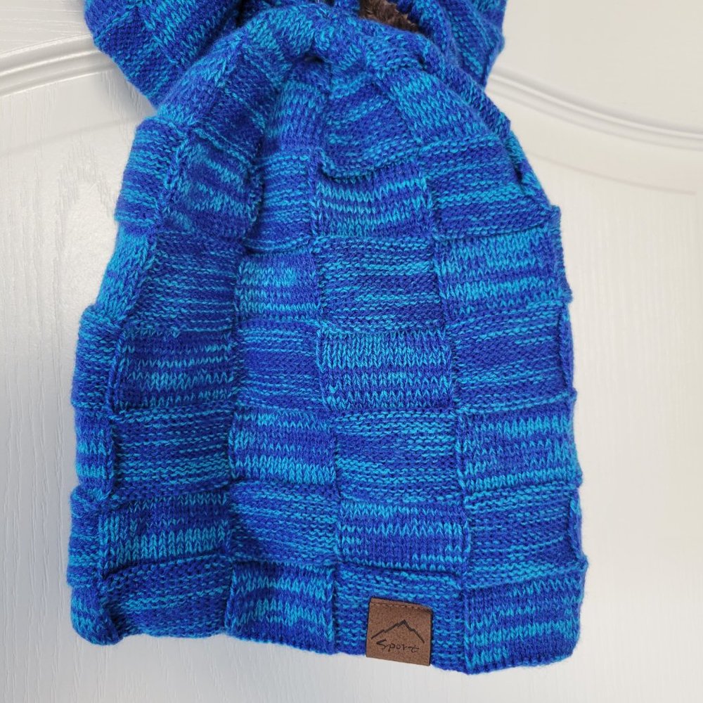 Blue Checkered Fuzzy Beanie Soft Fur Liner Ski Hat With Scarf Warm Knit Stretch - Picture 5 of 6